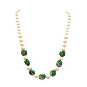 Vintage Handcrafted Beaded Necklace With Green Floral Accents Cream Beads